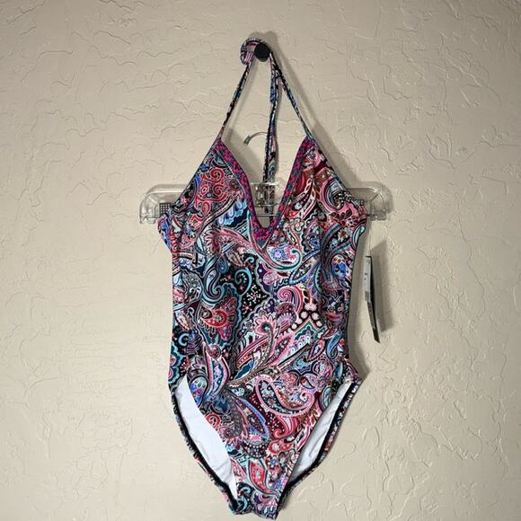La Blanca tummy control halter top paisley print one piece swimsuit NWT. - Picture 2 of 6